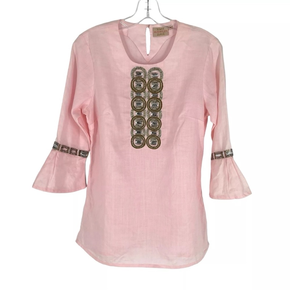 Rungolee Blouse Womens Size Small Pink Beaded Jewel Embellished Flare Sleeve